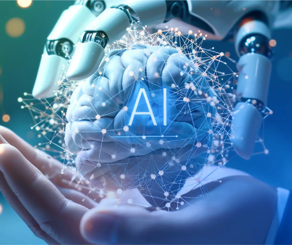 Robotic hand holding digital brain with AI network