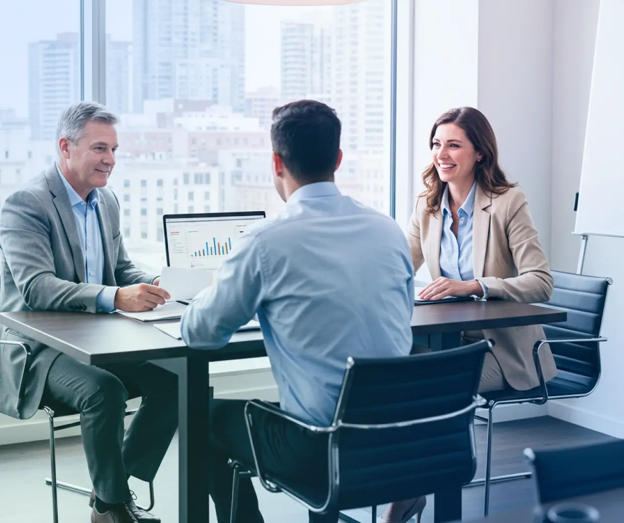 Business meeting with three professionals discussing data