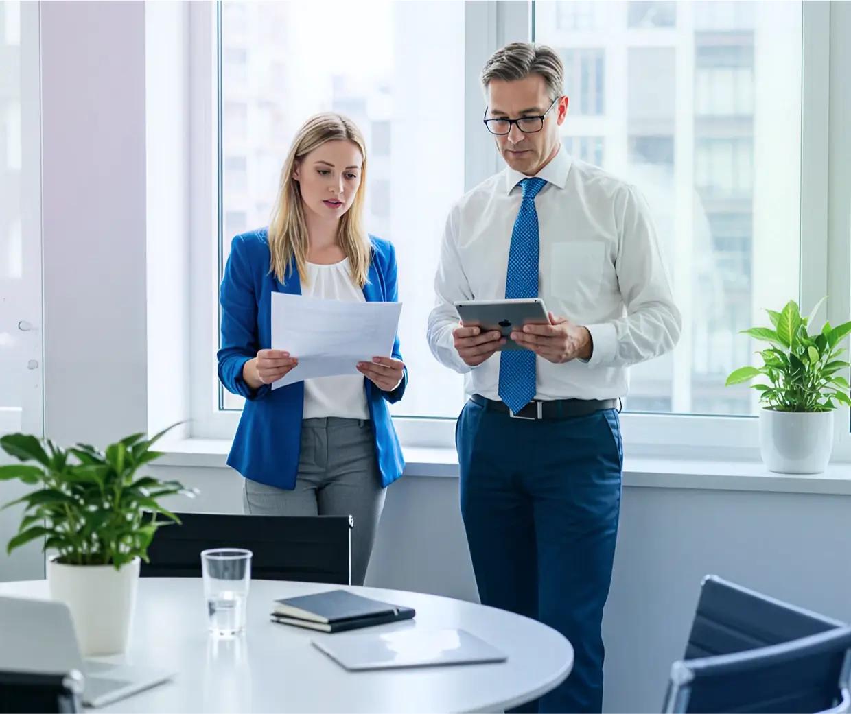 Business professionals reviewing documents by the window