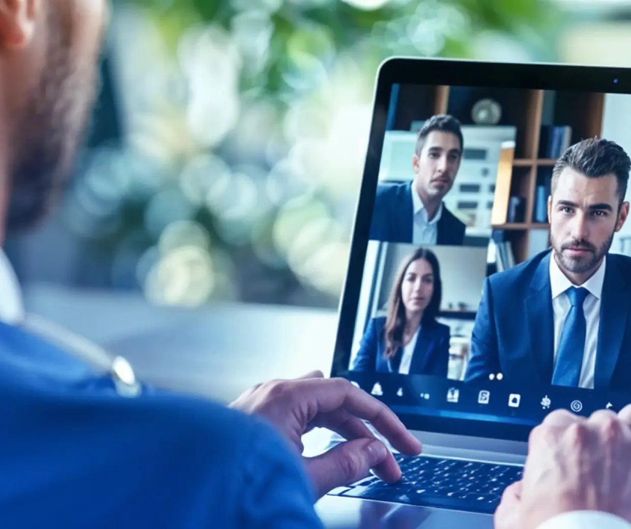 Man in video call with business team on laptop screen