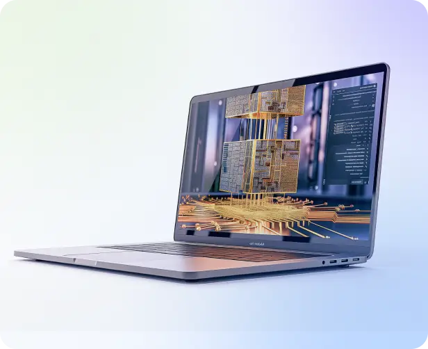 Laptop displaying a representation of a Quantum Computer on the screen