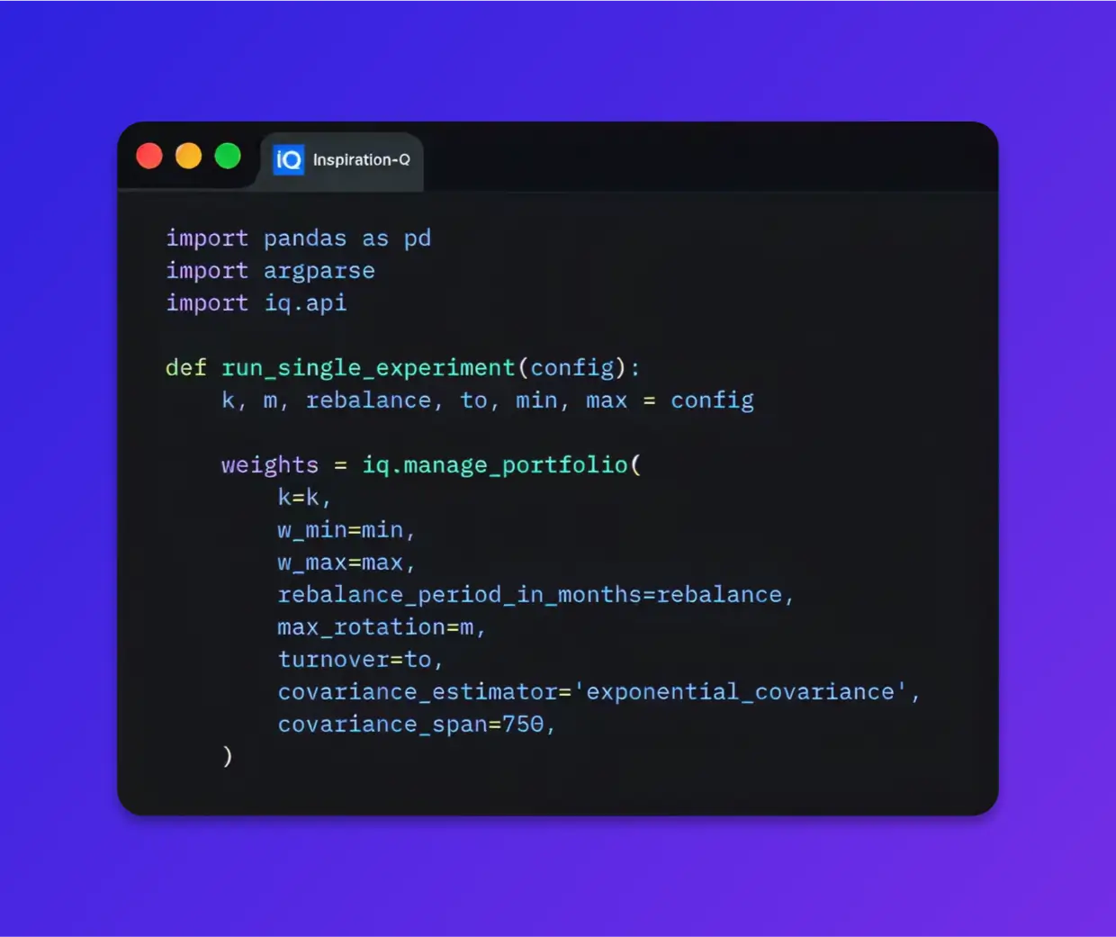 Python code snippet using Inspiration-Q API for portfolio optimization
