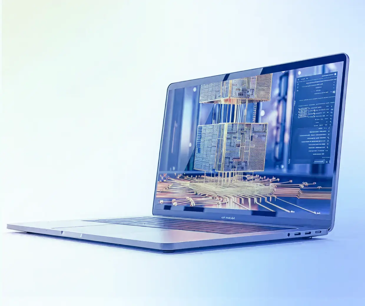 Laptop displaying futuristic quantum computing interface