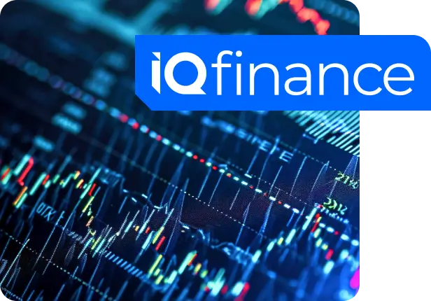 A financial data chart with colorful lines and graphs, with the iQfinance logo in the top right corner.