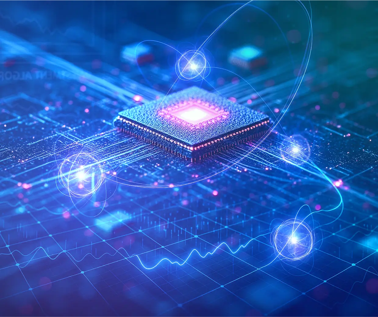 Quantum computing chip with glowing particles and data flow