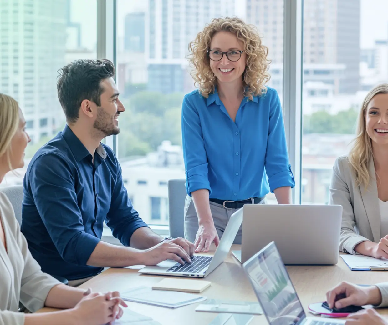 Team meeting with smiling professionals and laptops in a modern office