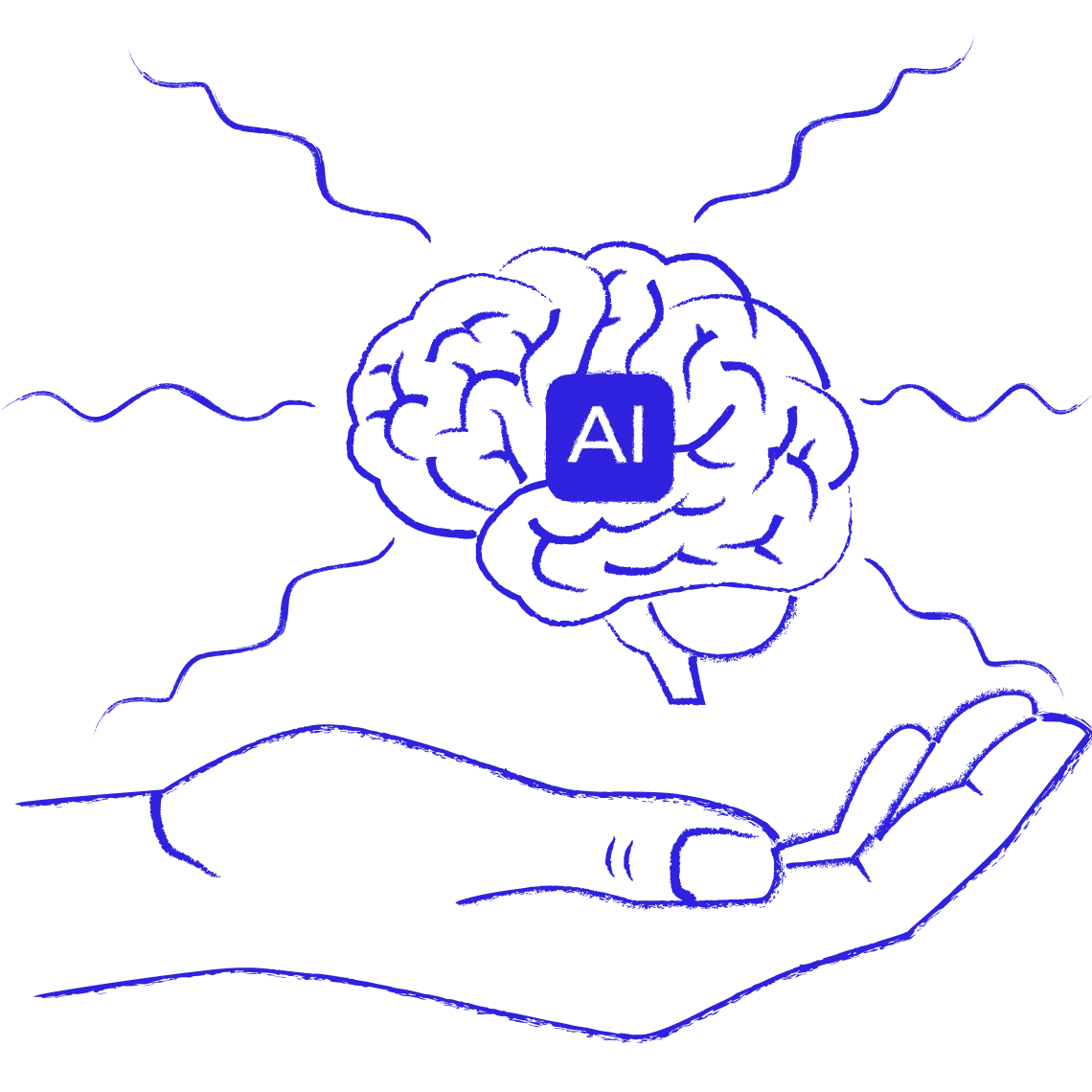 Robotic hand holding digital brain with AI network