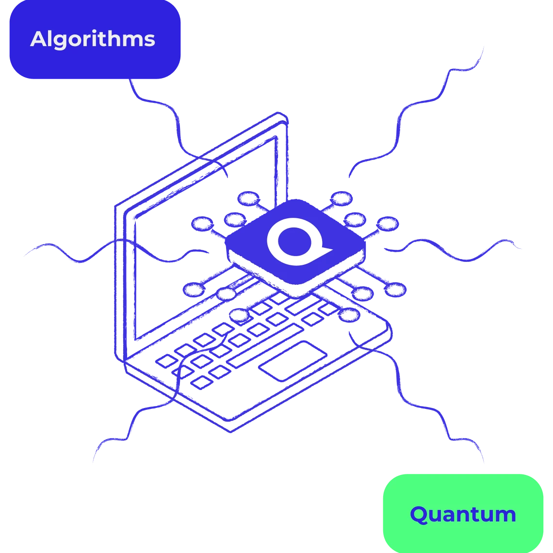 Laptop displaying futuristic quantum computing interface